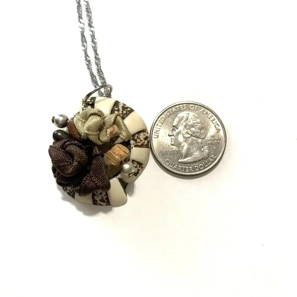 Artisan Pendant Necklace Faux Pearl Ribbon Etched Base 18K WG Plated Chain 17